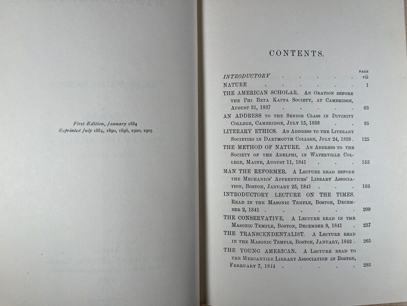 May include: Open book with the title "CONTENTS" at the top of the right page. The left page has text that reads "First Edition, January 1884. Reprinted July 1884, 1890, 1900, 1905." The right page lists chapter titles.