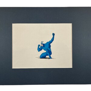 May include: A blue superhero character is kneeling with one arm raised in the air. The character is drawn in a cartoon style and is set against a white background.