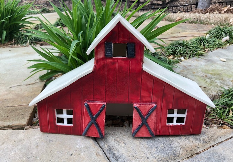 Rustic Red Barn Ceramic Luminary decor