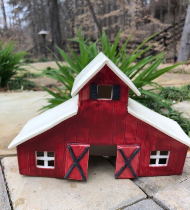 Rustic Red Barn Ceramic Luminary decor