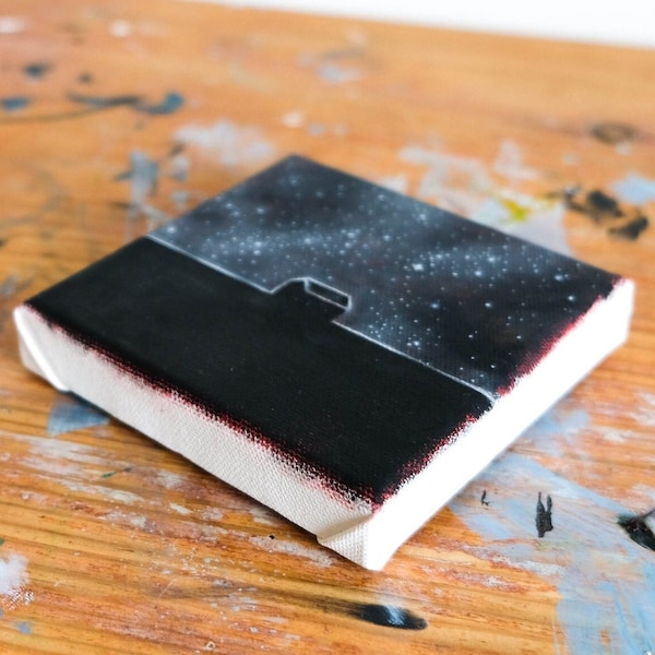 Star night small original painting, starry landscape on canvas, small art, art supplies, tiny canvas, magic miracle starry night, Space