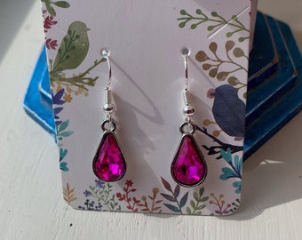 Teardrop earrings in cerise pink, sparkly summer earrings