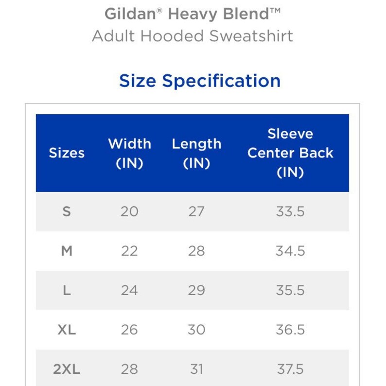 Puede incluir: Tabla de tallas para una sudadera con capucha, que muestra el ancho, la longitud y la longitud de la manga en pulgadas para las tallas S, M, L, XL y 2XL.