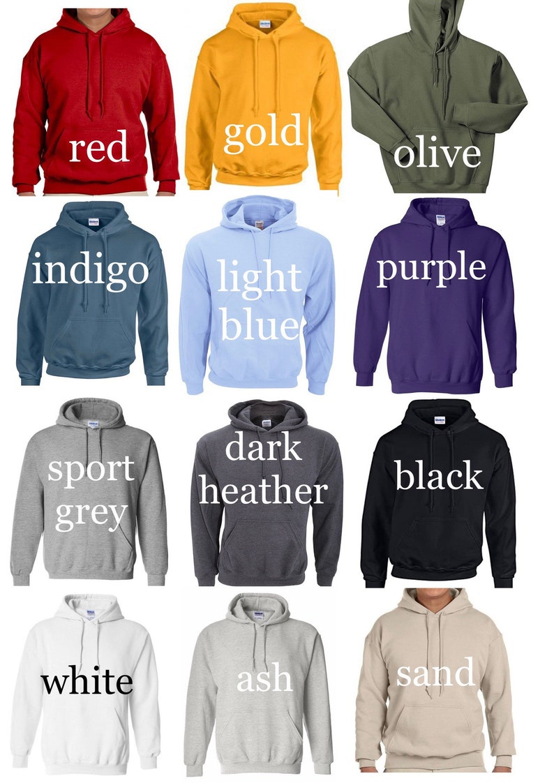 Puede incluir: Doce sudaderas con capucha de diferentes colores. Los colores son rojo, dorado, oliva, &iacute;ndigo, azul claro, morado, gris deportivo, gris oscuro, negro, blanco, ceniza y arena.