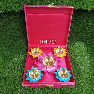 Diwali special 5 Decorative lotus Diya(metal) in a  fancy box diwali gift set