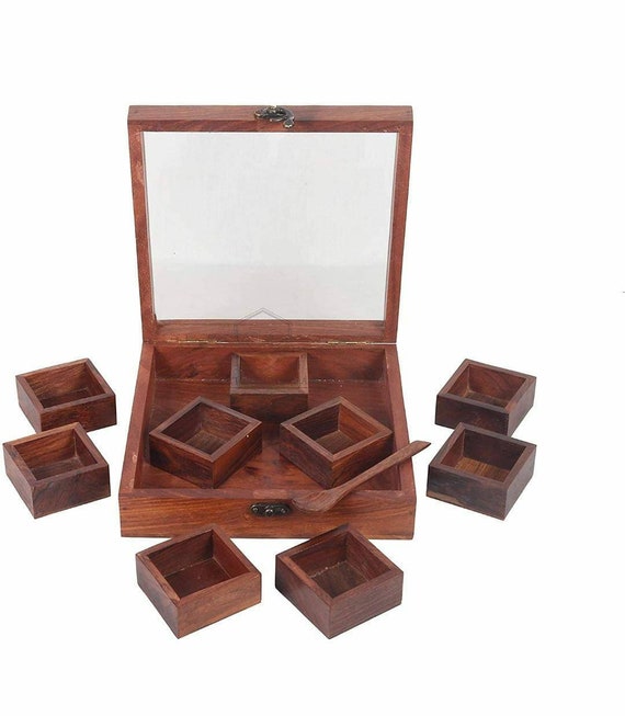 thumbnail image 2 of Handcrafted Wooden Spice Box (Masala Dabba) With Glass Jars & Spoon – Sheesham Wood 2 of 6