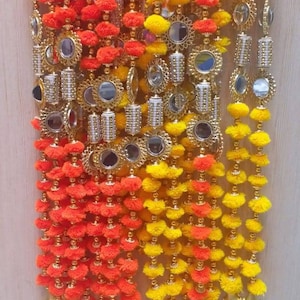 Indian handcrafted pom pom garland with mirrors and bells 5 feet approx 1 pair