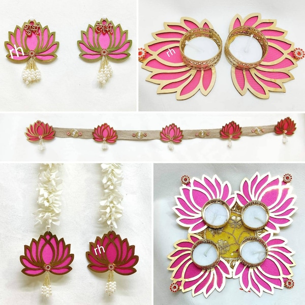 Rani Pink lotus decor set/ shubh labh / lotus rangoli/ lotus diya/toran /  backdrop diwali/navratri