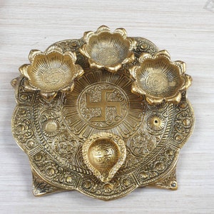 Pooja Thali with Diya Gold Plated for Home and Office Temple and Pooja Room-Metal