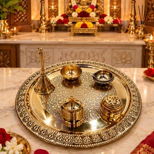 Könnte beinhalten: Ein rundes Puja-Thali-Set aus Messing mit einer aufwendig gravierten floralen Mitte, einer hohen Glocke, einer kleinen Schale, einer Diya-Lampe und zwei Behältern mit Deckel. Das polierte goldfarbene Metalltablett hat einen verzierten Rand.