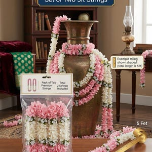 Artificial Flower Garlands, Pink White Hanging Decor, Set of Two 5ft Strings