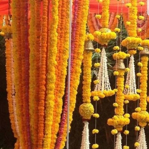 Artificial Marigold 5 feet Pack of 50 Flowers Garlands Home Wedding Decoration 