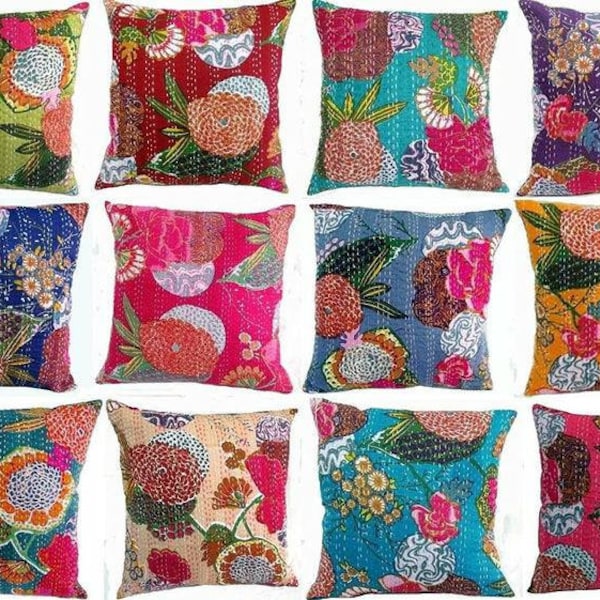 Funda de cojín Kantha vintage cosida a mano / funda de cojín indio / cojín boho / almohada de tiro