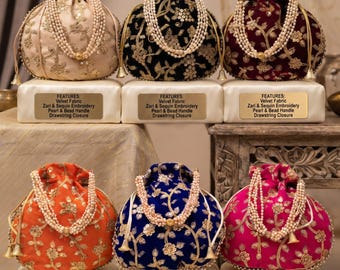 Velvet Potli Bag, Zari Sequin Embroidered Drawstring Clutch, Pearl Handle