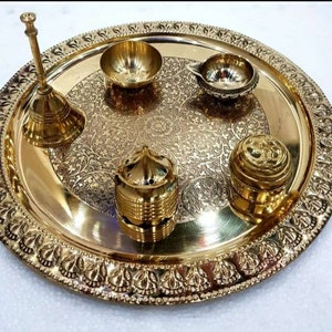 thumbnail image 2 of Pure Brass Puja Aarti Thali With Om Symbol And Gayatri Mantra Bronze 2 of 13