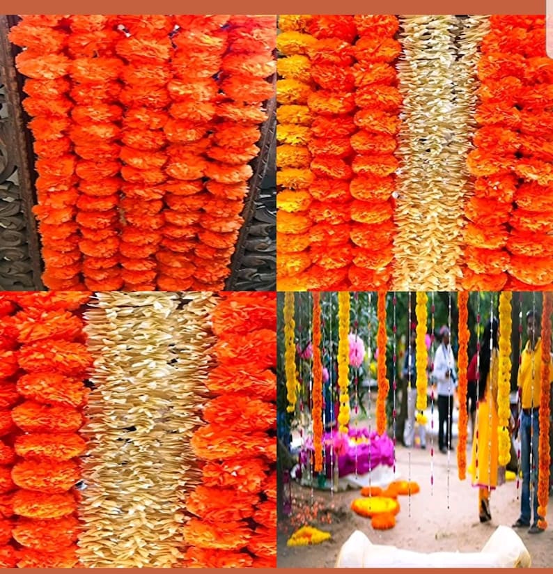 May include: Orange and cream paper flower garlands hanging from a ceiling and strung across a pathway. The garlands are made of paper flowers that resemble marigolds.