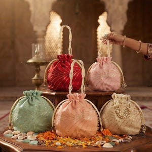Può includere: Una collezione di cinque pochette con coulisse in rosso, rosa chiaro, verde menta, pesca e beige. Ogni borsa presenta un motivo lineare dorato, una chiusura arricciata e un manico di perline. Le borse sono disposte su una superficie in legno con petali.