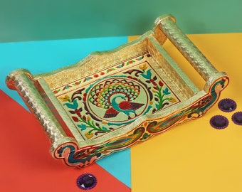 Handcrafted tray minakari work peacock light weight metal tray