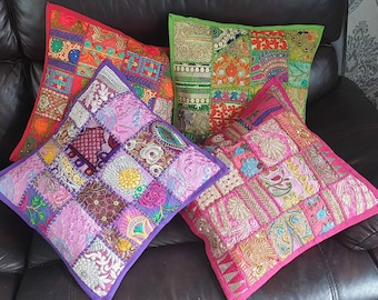 Indian Handcrafted patchwork & Embroidery Cushion cover Recycled Sequin Home Decor Living Room ethnic boho
