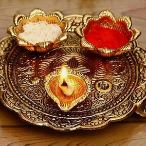Pooja Thali with Diya Gold Plated for Home and Office Temple and Pooja Room-Metal