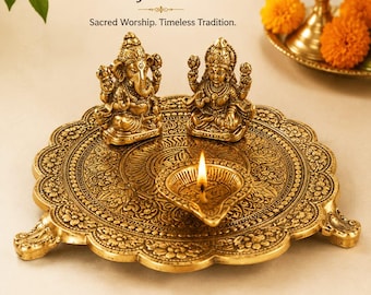 Golden Laxmi Ganesha Idol with Platter - Diwali Pooja Decoration
