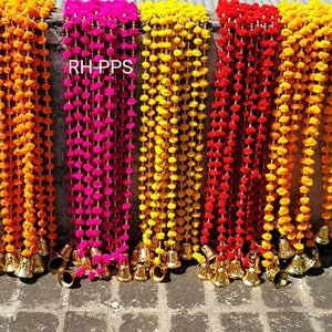 Indian handcrafted pom pom marigold garland with bells 5 feet approx pack of 3 string