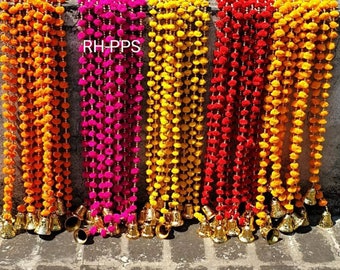 Indian handcrafted pom pom marigold garland with bells 5 feet approx pack of 3 string