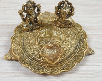 Aluminium Golden Color Plated Laxmi Ganesha Idol with Platter Plate for Puja Diwali Gift Items Deepawali Decorations Indian Dhanteras Pooja
