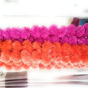May include: A garland of artificial flowers, with two rows of pink and orange pom-poms.