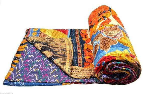 🧵 Edredón Kantha Indio Hecho A Mano – Manta Floral Reversible Azul Para Cama O Sofá (tamaño Twin)