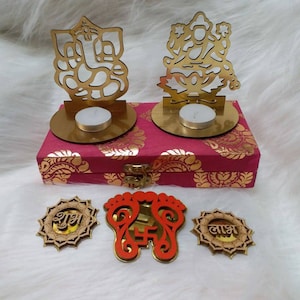 2 Decorative shadow Diya tea lights,1 x lakshmi charan , shubh labh set ,fancy box diwali gift set