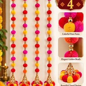 May include: A pack of 4 decorative hanging garlands featuring alternating vibrant red, orange, yellow, and pink pom poms separated by small gold-coloured beads. Each garland ends with a gold-toned filigree bell-shaped tassel base.