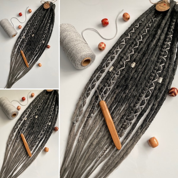LIMITED EDITION / Precious Pewter Ombre / Decorated Transitional Set of Synthetic Dreadlock Extensions / Crochet dreads/Ombre Black to Grey