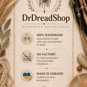 May include: A beige informational card for DrDreadShop featuring a line drawing of a person with dreadlocks, the text DrDreadShop Handmade Dreadlocks, and three icons representing handmade production, no factory use, and origin in Ukraine.