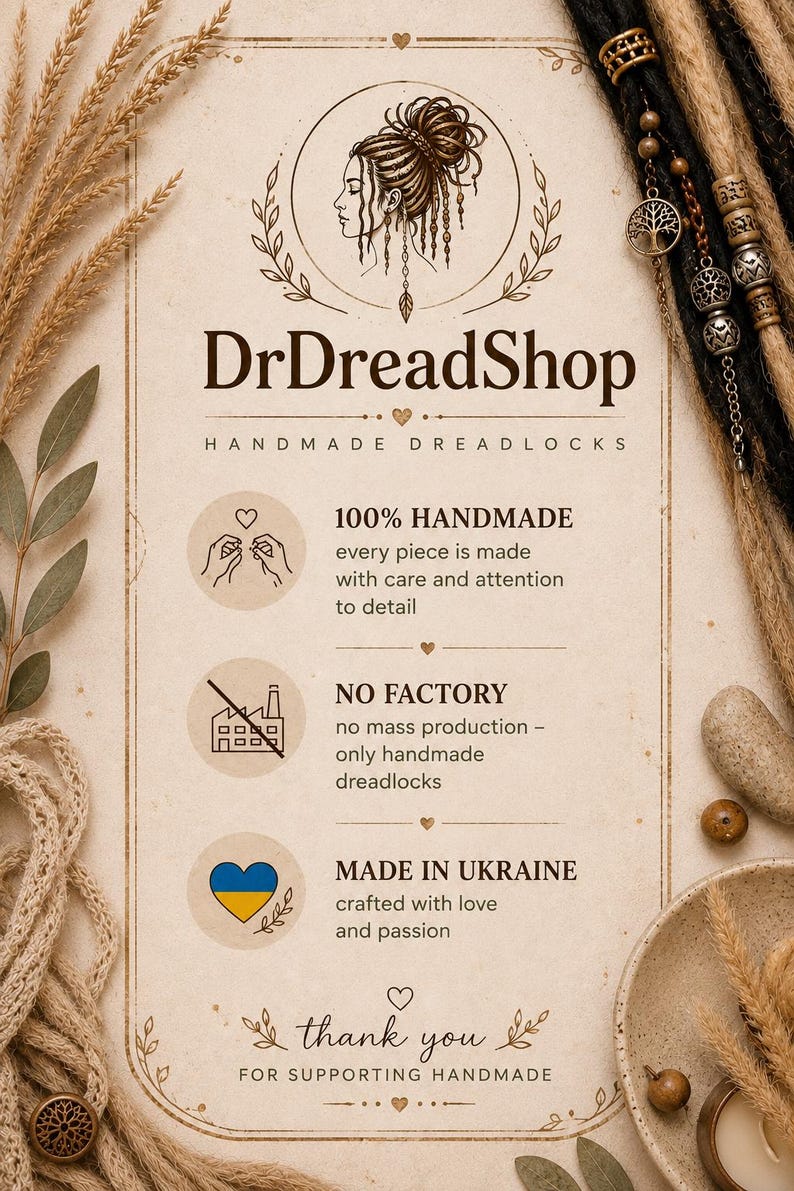 May include: A beige informational card for DrDreadShop featuring a line drawing of a person with dreadlocks, the text DrDreadShop Handmade Dreadlocks, and three icons representing handmade production, no factory use, and origin in Ukraine.