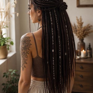 May include: Long dark brown dreadlocks styled in a half-up bun, adorned with thin metallic silver thread wraps and small silver beads. The hair texture is dense and uniform, falling past the shoulders in a straight, layered arrangement.