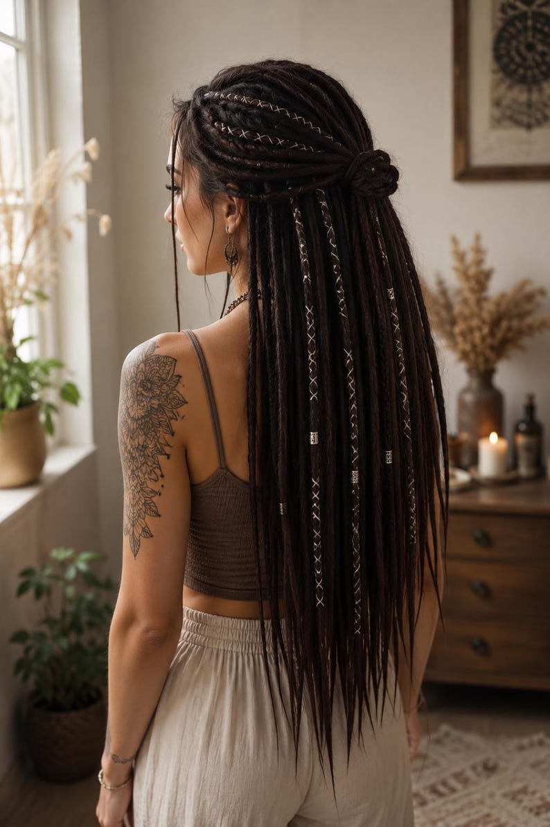 May include: Long dark brown dreadlocks styled in a half-up bun, adorned with thin metallic silver thread wraps and small silver beads. The hair texture is dense and uniform, falling past the shoulders in a straight, layered arrangement.