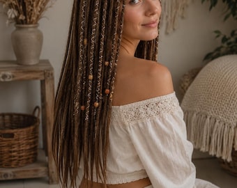 Decorated Crochet Dreadlocks Extensions: Light Golden Brown Synthetic Dreads (16-24 inch)