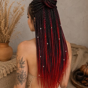 Trenzas estilo gótico con efecto degradado en negro y rojo, trenzas de espiga, juego de trenzas sintéticas Kanekalon: extensiones de trenzas temporales estilo boho.