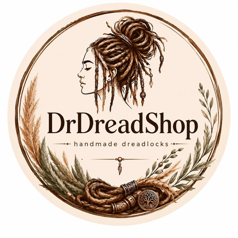 May include: A circular logo featuring a profile illustration of a person with dreadlocks in a high bun. The text DrDreadShop and handmade dreadlocks is centered. The design includes decorative wheat stalks, leaves, and a tree of life emblem.
