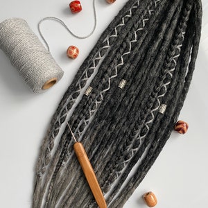 Precious Pewter Ombre / Decorated Transitional Set of Synthetic Dreadlock Extensions / Crochet dreads / Black to Grey Handmade Dreadlocks
