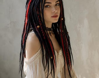 Goth Crochet Dreadlocks Extensions: Black, Dark Brown, Red Highlights