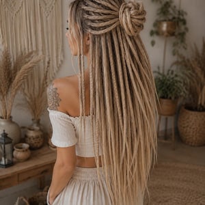 May include: Long, light blonde synthetic dreadlock hair extensions styled in a half-up bun. The hair features a mix of thick, textured dreadlocks and thinner braided strands, creating a layered, voluminous appearance that falls past the shoulders.