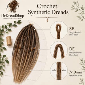 May include: A set of brown and blonde synthetic crochet dreadlocks with decorative beads. The image includes text labels for DrDreadShop, Crochet Synthetic Dreads, SE Single Ended Dreadlock, DE Double Ended Dreadlock, and 7-10 mm Pencil Thickness.