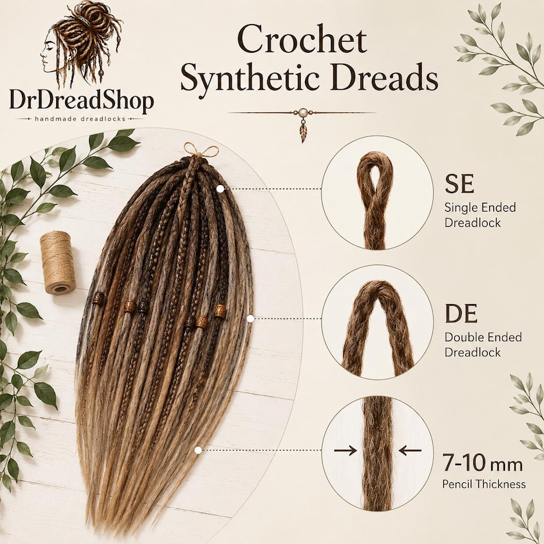 May include: A set of brown and blonde synthetic crochet dreadlocks with decorative beads. The image includes text labels for DrDreadShop, Crochet Synthetic Dreads, SE Single Ended Dreadlock, DE Double Ended Dreadlock, and 7-10 mm Pencil Thickness.
