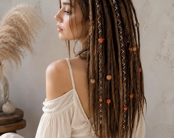 Light Brown Crochet Dreadlocks Extensions: Decorated Kanekalon Dreads (16-24 inches)