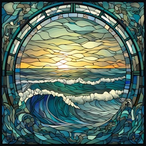 Ocean Waves at Sunrise Stained Glass Window Cling