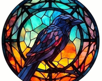 Crow Stained Glass Window Cling | 8" Suncatcher