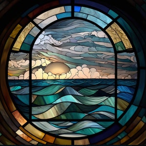 Ocean Waves Faux Stained Glass Window Cling | Easy to Reposition