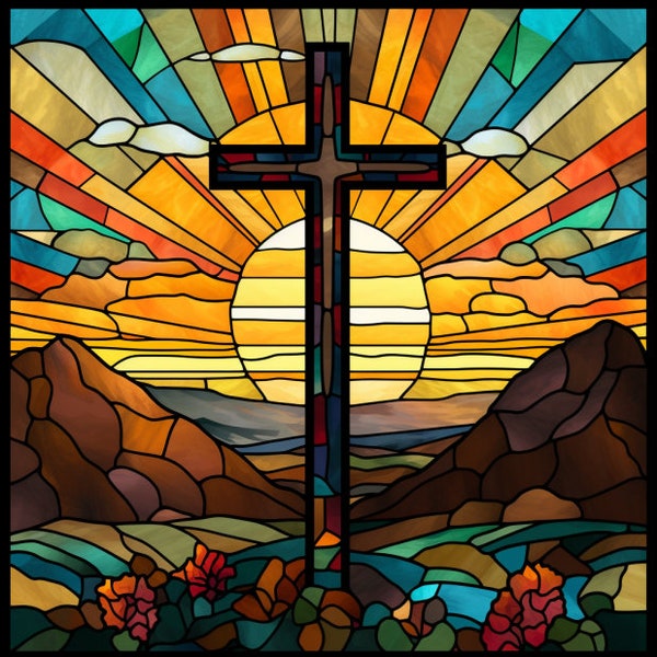 Cross Glass Window Cling ~ Cross on A Hill Stained Glass